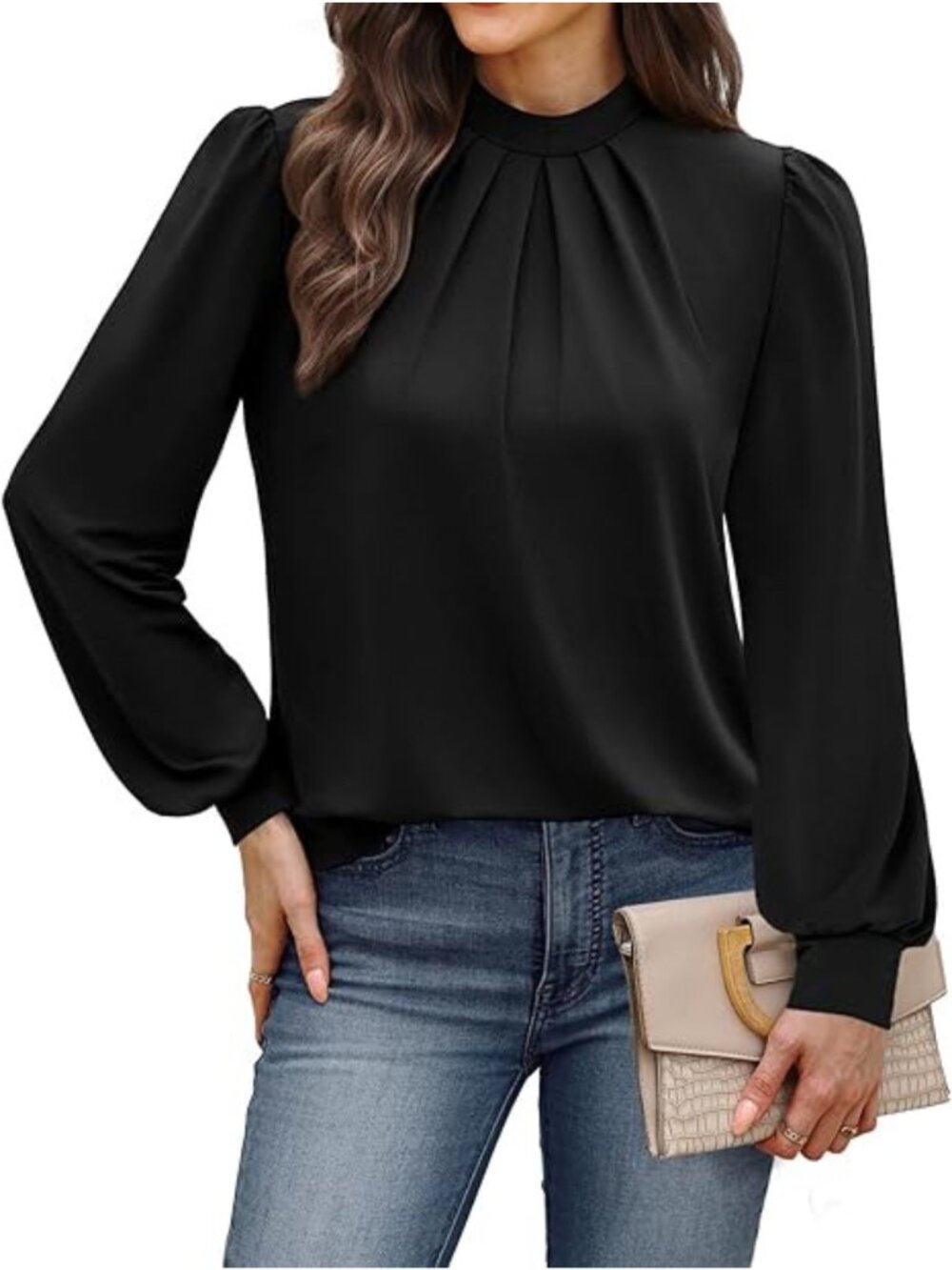 WIHOLL Mock Neck Pleated Blouse Women Long Sleeve Dressy Casual Top